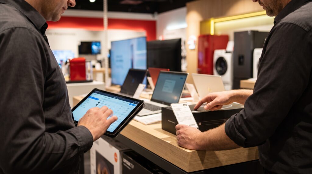 Symbolische Darstellung: Zwei Mitarbeitende prüfen Produktdaten in einem Technikmarkt