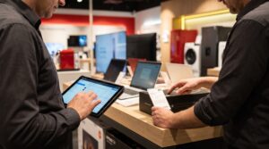 Symbolische Darstellung: Zwei Mitarbeitende prüfen Produktdaten in einem Technikmarkt