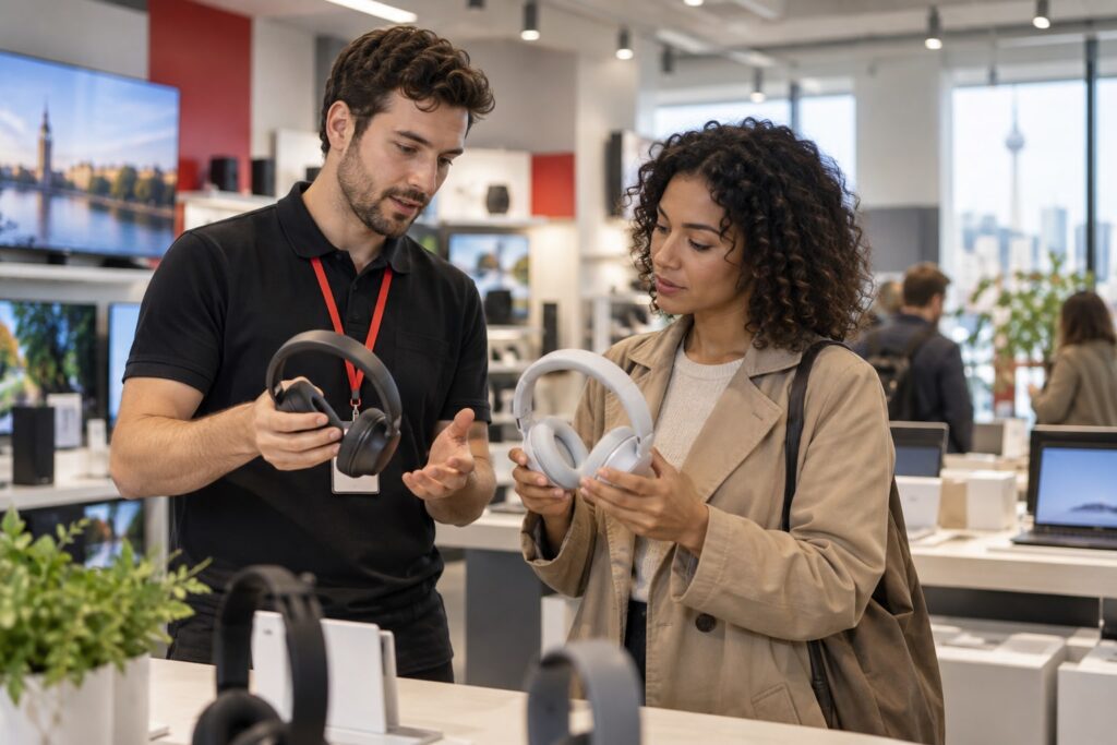 Kunde und Berater vergleichen zwei Kopfhörer in einem Berliner Technikmarkt