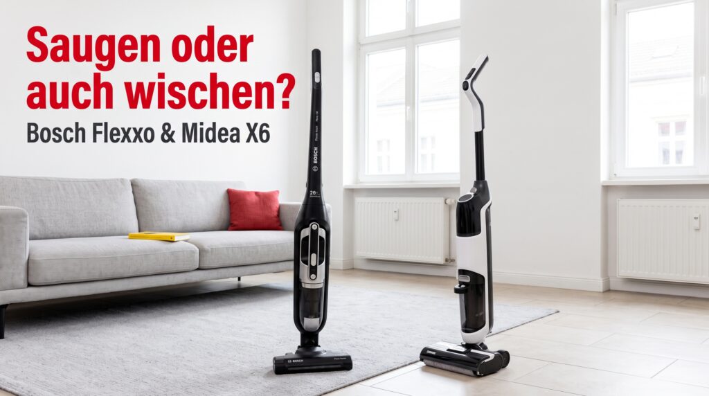 Saugen oder auch wischen? Bosch Flexxo und Midea X6 in einem hellen Wohnraum - KI-Illustration