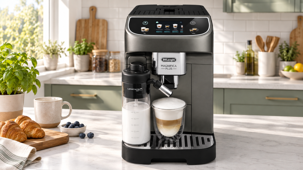 DeLonghi ECAM320.70.TB mit Milchbehaelter und Latteglas in einer hellen Kueche - KI-Visualisierung auf Basis des Herstellerfotos